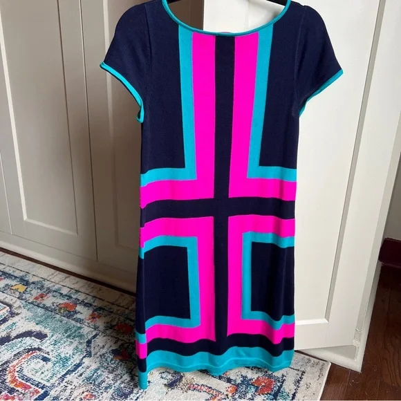 Lilly Pulitzer Isabella Mod Retro Colorblock Sweater Mini Dress Navy Pink Teal - Picture 4 of 7